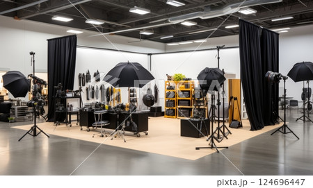 Professional photo studio setup with cameras, tripods, lighting, softboxes, and backdrops 124696447