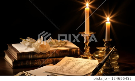 Vintage candle in bronze holder among old manuscripts, inkwell, and quill on table Vintage candle in bronze holder among old manuscripts, inkwell, and quill on table 124696455