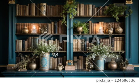 Antique bookshelves adorned with books featuring exquisite gold embellished covers 124696536