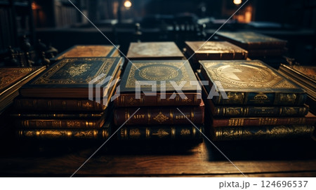 Antique leather bound books featuring intricate gold embellishments captured in a photo 124696537