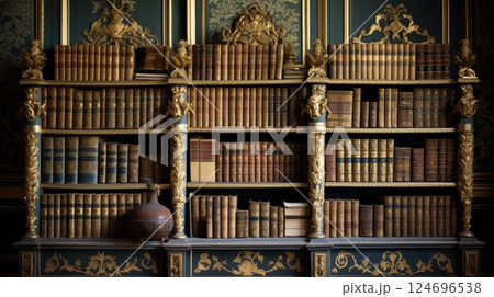 Elegant vintage bookshelves displaying books with intricate gold ornamented covers 124696538