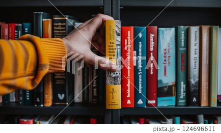 Close up of a delicate hand gently placing a book on the bookshelf in an office setting 124696611