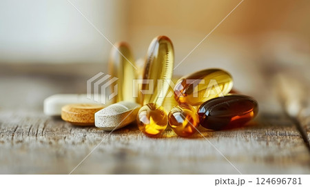 Vitamins and Supplements for Health, Assorted capsules and Tablets on Rustic Wood Background 124696781