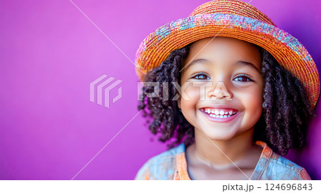 A smiling black child wearing a straw hat and casual clothes stands against a bright purple background 124696843