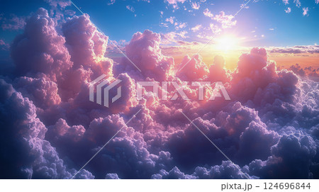 The clouds are soft and billowing, casting shadows on the ground below, while the sun casts a warm light on the stage The clouds are soft and billowing, casting shadows on the ground below, while the sun casts a warm light on the stage 124696844