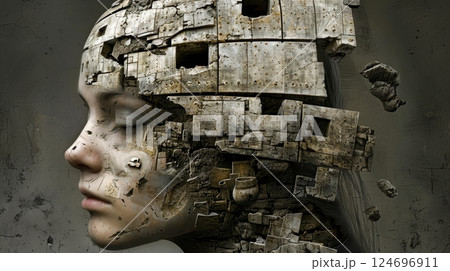 Woman With Crumbling Stone Head, Concept Art Exploring Mental Health, Surreal Portraiture Woman With Crumbling Stone Head, Concept Art Exploring Mental Health, Surreal Portraiture 124696911