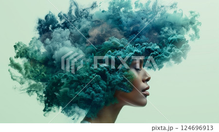 Woman with Eyes Closed and Blue, Green Smoke Cloud Around Her Head on Green Background 124696913