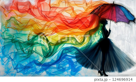 Silhouette of Woman in Flowing Dress with Rainbow Colors and Umbrella, Artistic Fashion Portrait 124696914