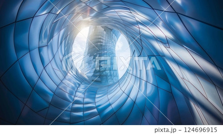Abstract Architecture Swirling Glass and Steel Facade of a Modern Building, Perspective View 124696915