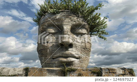 Serene Stone Face Sculpture with Growing Plants Symbol of Resilience and Natures Embrace 124697027