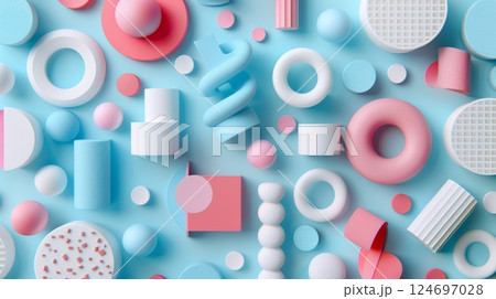 Abstract Pastel Pink And Blue Geometric Shapes Background, Minimal Design, 3D Rendering 124697028