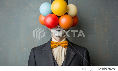 Eccentric Mime in Suit With Face Obscured by Colorful Balloons Against Textured Background 124697029
