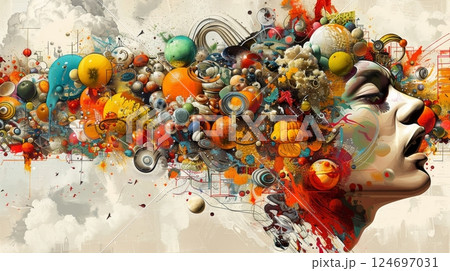 Abstract Portrait of a Woman With Colorful Shapes, Expressing Imagination and Creativity. 124697031