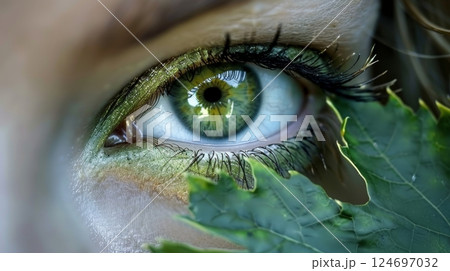 Green Eye Makeup and Leaf, Close-Up of a Womans Eye with Green Makeup and a Leaf in the Foreground 124697032