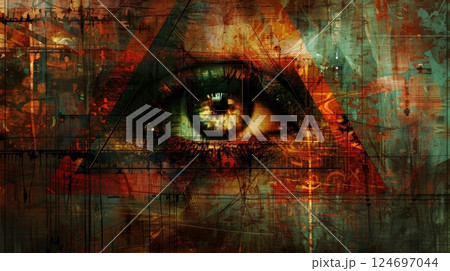 All-seeing Eye, Triangle Symbolism, And Grunge Textures With Dark Green And Orange Tones 124697044