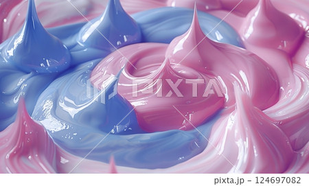 Swirls of Pink and Blue Cream A Close-Up of Textured, Dreamy Frosting, 88 Characters 124697082