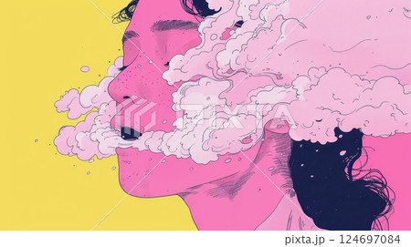 Woman With Pink Cloud, Abstract Illustration Of Anxiety, Mental Health, And Surrealism. 124697084
