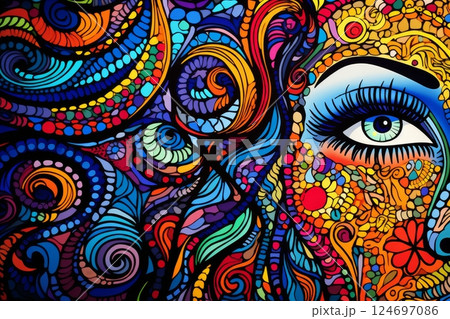 Womans Eye Peeking Through Abstract Floral and Geometric Pattern A Colorful Illustration, 124697086