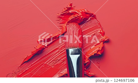 Red Paintbrush on Red Canvas Background, Vibrant Artistic Expression and Creativity Concept 124697106