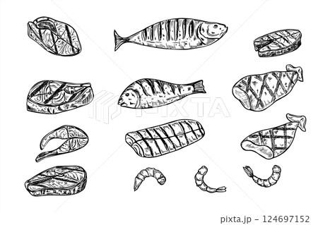 Grilled seafood set vector illustration painted by black inks. Fish steak, fillet, whole fish, dressed squid tubes and shrimps clip art graphic sketch for BBQ design, culinary blogs, restaurant menus. 124697152