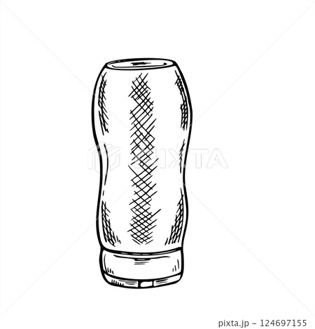 Plastic condiment container for ketchup, mustard, or other sauce minimalist black ink vector illustration. Hand drawing monochrome squeeze bottle for food packaging, fast food branding, menu. Plastic condiment container for ketchup, mustard, or other sauce minimalist black ink vector illustration. Hand drawing monochrome squeeze bottle for food packaging, fast food branding, menu. 124697155