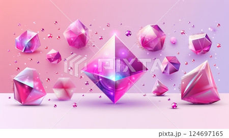 3D Rendering. Pink Futuristic Diamonds, Crystals, or Gemstones with Neon Glow on Gradient Background 124697165