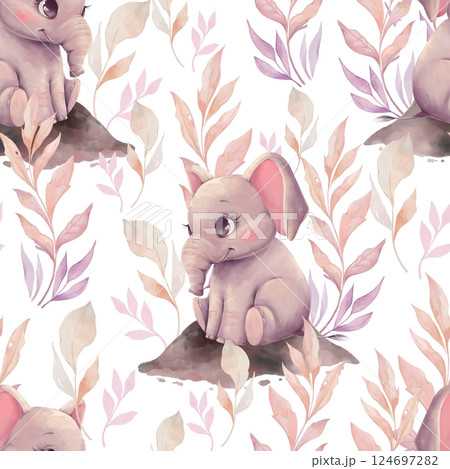 Cute baby elephants, floral illustration, seamless pattern Cute baby elephants, floral illustration, seamless pattern 124697282