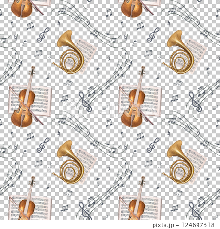 Watercolor violin with bow, French horn, open music notebook and musical notes on black staff seamless pattern isolated background. Flying sound symbols on waving stave among musical instruments. 124697318