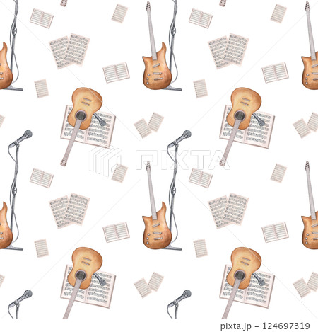 Watercolor musical string instruments, music sheets and microphone on stand seamless pattern isolated background. Guitar concert accessories ornate for festival branding, poster, educational material 124697319