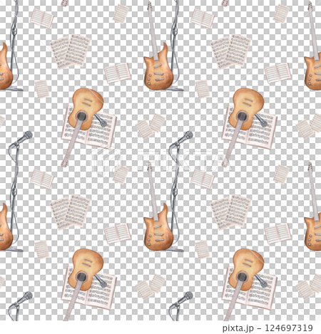 Watercolor musical string instruments, music sheets and microphone on stand seamless pattern isolated background. Guitar concert accessories ornate for festival branding, poster, educational material Watercolor musical string instruments, music sheets and microphone on stand seamless pattern isolated background. Guitar concert accessories ornate for festival branding, poster, educational material 124697319