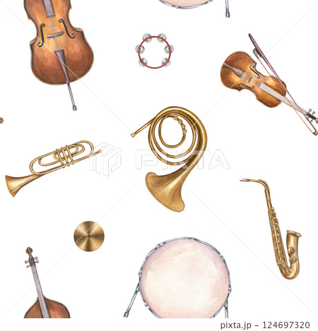 Watercolor musical percussion, string and wind instruments seamless pattern isolated background. Drum, double bass, violin, saxophone, trumpet, tambourine, French horn ornate for stationery, textile 124697320