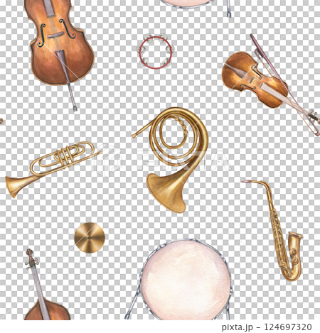 Watercolor musical percussion, string and wind instruments seamless pattern isolated background. Drum, double bass, violin, saxophone, trumpet, tambourine, French horn ornate for stationery, textile 124697320