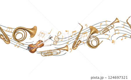 Watercolor musical instruments floating on the musical staff among the notes horizontal seamless banner isolated background. French horn, violin, trumpet, saxophone and musical symbols pattern. Watercolor musical instruments floating on the musical staff among the notes horizontal seamless banner isolated background. French horn, violin, trumpet, saxophone and musical symbols pattern. 124697321