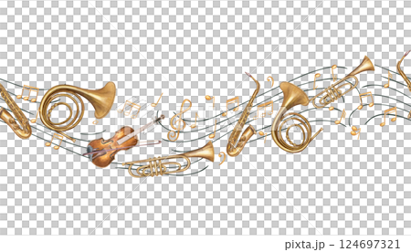 Watercolor musical instruments floating on the musical staff among the notes horizontal seamless banner isolated background. French horn, violin, trumpet, saxophone and musical symbols pattern. Watercolor musical instruments floating on the musical staff among the notes horizontal seamless banner isolated background. French horn, violin, trumpet, saxophone and musical symbols pattern. 124697321