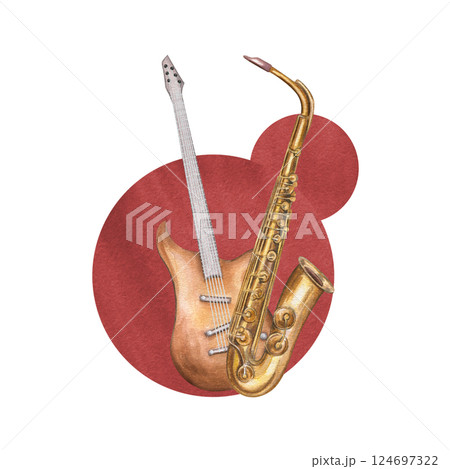Watercolor brass saxophone, electric guitar on abstract round shape brushstroke illustration isolated background. Classical string and woodwind instruments. Jazz elements for musical festival poster Watercolor brass saxophone, electric guitar on abstract round shape brushstroke illustration isolated background. Classical string and woodwind instruments. Jazz elements for musical festival poster 124697322
