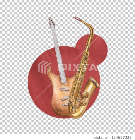 Watercolor brass saxophone, electric guitar on abstract round shape brushstroke illustration isolated background. Classical string and woodwind instruments. Jazz elements for musical festival poster 124697322