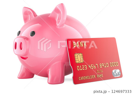 Credit card with Piggy Bank, 3D rendering 124697333