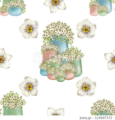 Seamless pattern of white flowers primroses in blue, green, beige ceramic pots. Watercolor illustration isolated on white. Floral pattern of foget-me-not in pots botanical style for spring design 124697372