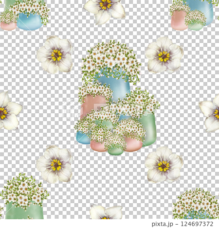 Seamless pattern of white flowers primroses in blue, green, beige ceramic pots. Watercolor illustration isolated on white. Floral pattern of foget-me-not in pots botanical style for spring design 124697372
