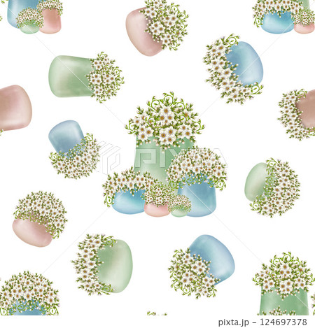 Seamless pattern of white flowers primroses in blue, green, beige ceramic pots. Watercolor illustration isolated on white. Floral pattern of foget-me-not in pots botanical style for spring design 124697378