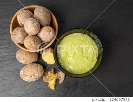 Red mojo rojo and green mojo verde sauces, traditional Tenerife dips, mojo picon dressing 124697578