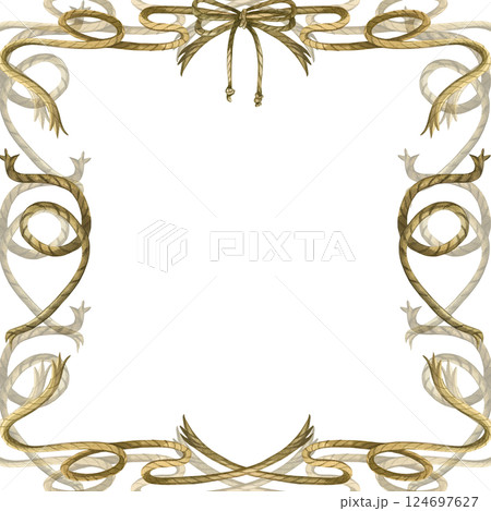 Marine themed frame made of brown ropes and twine, bow, all objects hand painted with watercolors. Watercolor illustration. Suitable for menus, postcards, flyers and invitations. Marine themed frame made of brown ropes and twine, bow, all objects hand painted with watercolors. Watercolor illustration. Suitable for menus, postcards, flyers and invitations. 124697627