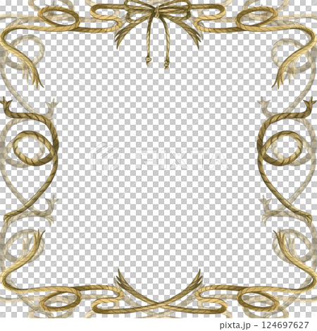 Marine themed frame made of brown ropes and twine, bow, all objects hand painted with watercolors. Watercolor illustration. Suitable for menus, postcards, flyers and invitations. 124697627