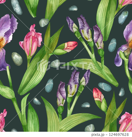 Seamless watercolor pattern. Spring flowers irises, iris buds, green leaves with dark veins. All objects are hand-drawn with watercolor. Suitable for printing on fabric, paper, for stationery. Seamless watercolor pattern. Spring flowers irises, iris buds, green leaves with dark veins. All objects are hand-drawn with watercolor. Suitable for printing on fabric, paper, for stationery. 124697628