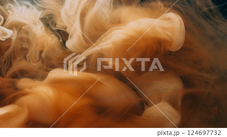 Smoke flow. Abstract ink. Defocused yellow colorful fume ethereal texture blend liquid moving on creative dark black art background. 124697732