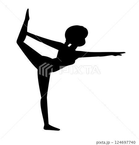 Woman in Natarajasana Pose. Yoga Silhouette Vector Illustration. A black silhouette of a woman performing the Natarajasana, or Lord of the Dance pose. 124697740