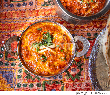 Butter paneer masala. Cottage cheese curry, hot spicy chicken korma, traditional indian food Butter paneer masala. Cottage cheese curry, hot spicy chicken korma, traditional indian food 124697777