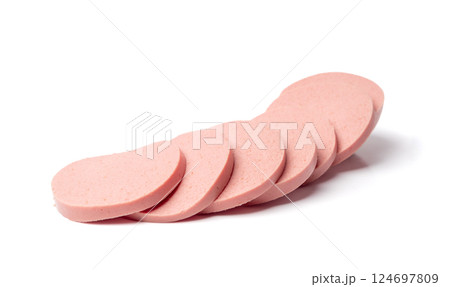 Mortadella Slice Isolated, Luncheon Meat Cut, Chicken Ham, Boiled Sausage for Breakfast 124697809