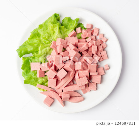 Diced Mortadella Slice Isolated, Luncheon Meat Cut, Chicken Ham Cubes, Boiled Sausage for Breakfast 124697811