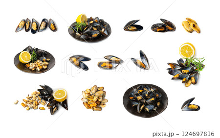 Mussels Pile Isolated, Unshelled Clams, Peeled Mussels, Open Shellfish, Seafood on White Background Mussels Pile Isolated, Unshelled Clams, Peeled Mussels, Open Shellfish, Seafood on White Background 124697816